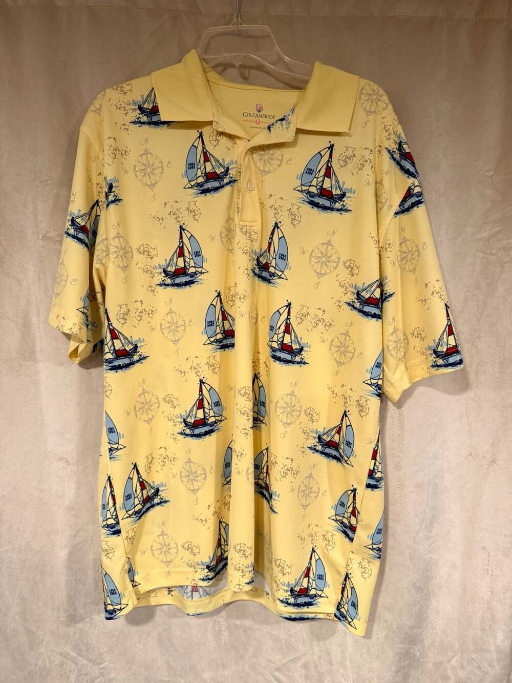 Golf America Men's XL Yellow Nautical Sailboat Compass Print Polo Shirt